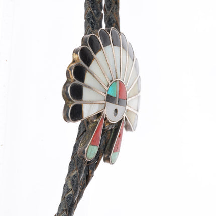c1950 vintage Zuni sterling silver sunface "Indian Chief" inlay bolo tie