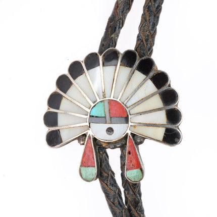 c1950 vintage Zuni sterling silver sunface "Indian Chief" inlay bolo tie