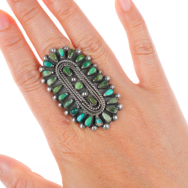 sz9 big vintage green/blue turquoise petit point sterling silver cluster ring