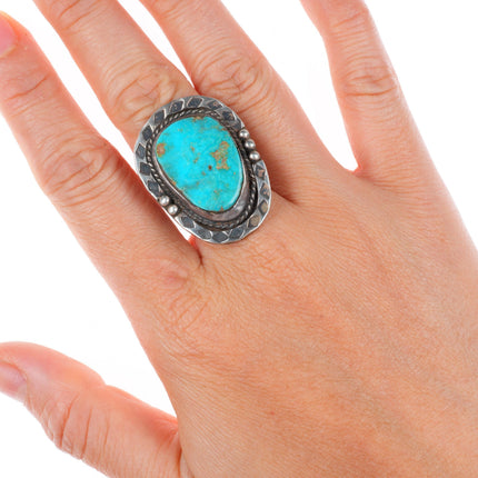 sz8 vintage Navajo sterling silver turquoise stamped edge ring