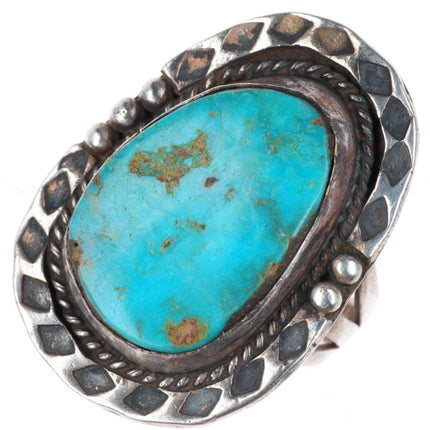 sz8 vintage Navajo sterling silver turquoise stamped edge ring
