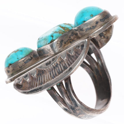 sz8 large 30's-40's Navajo 3 stone turquoise deep stamped sterling silver ring