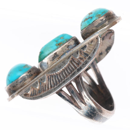 sz8 large 30's-40's Navajo 3 stone turquoise deep stamped sterling silver ring
