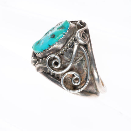 sz11.5 vintage Navajo sterling silver turquoise scrollwork and feathers ring