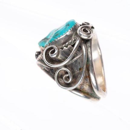 sz11.5 vintage Navajo sterling silver turquoise scrollwork and feathers ring