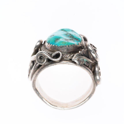 sz11.5 vintage Navajo sterling silver turquoise scrollwork and feathers ring