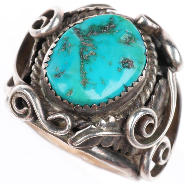 sz11.5 vintage Navajo sterling silver turquoise scrollwork and feathers ring