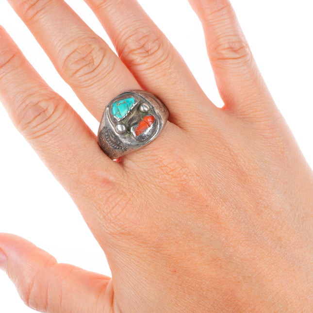 sz12.5 beat up vintage Navajo sterling silver turquoise and coral ring