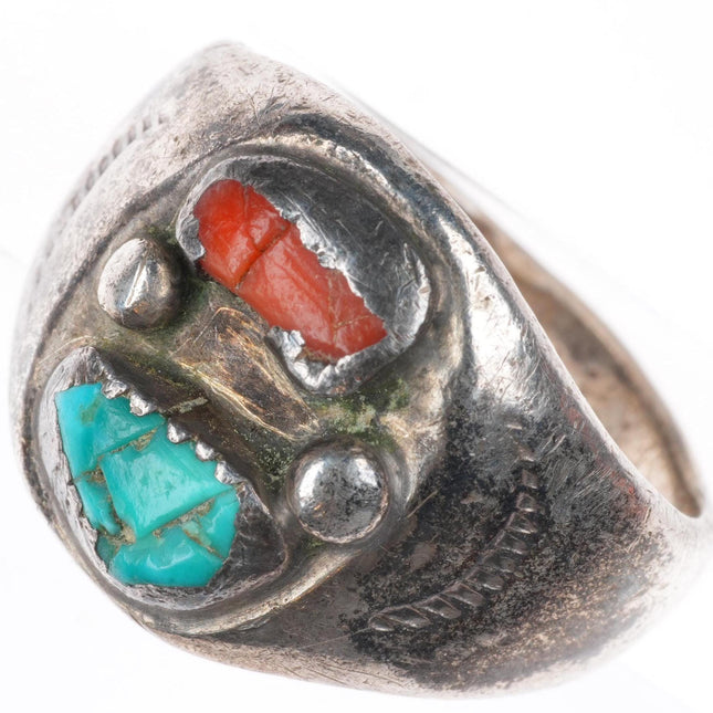 sz12.5 beat up vintage Navajo sterling silver turquoise and coral ring