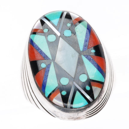 sz10 Elliot Qualo Zuni inlay-Sam Begay Navajo sterling silver men's ring