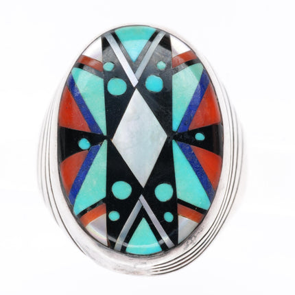 sz10 Elliot Qualo Zuni inlay-Sam Begay Navajo sterling silver men's ring