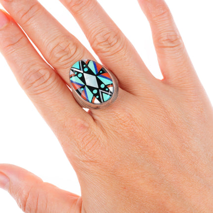sz10 Elliot Qualo Zuni inlay-Sam Begay Navajo sterling silver men's ring