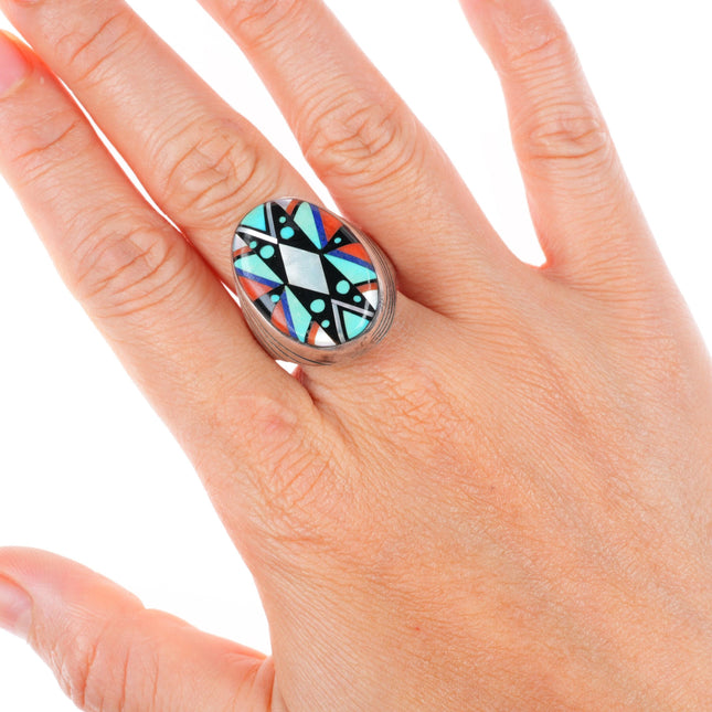 sz10 Elliot Qualo Zuni inlay-Sam Begay Navajo sterling silver men's ring