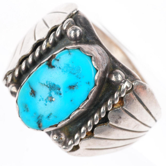 sz12 vintage Navajo sterling silver turquoise feather sides ring