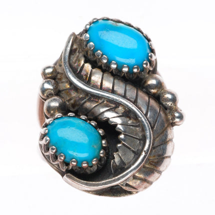sz4 vintage Navajo sterling silver feather ring with turquoise fancy bezels