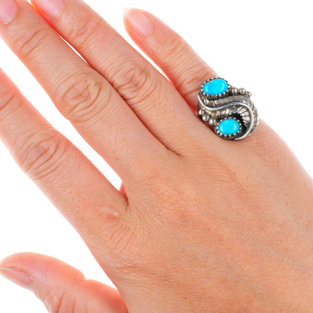 sz4 vintage Navajo sterling silver feather ring with turquoise fancy bezels