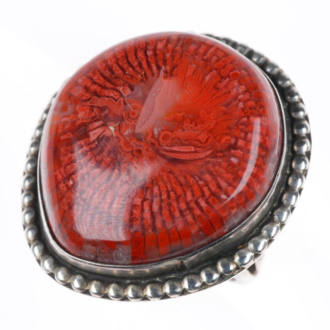 sz8 Utah Red Horn Coral vintage navajo fossilized agate sterling silver ring