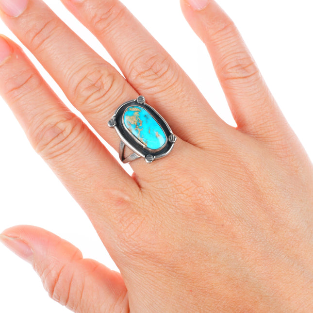 sz7 vintage Navajo high grade turquoise sterling silver stamped corners ring