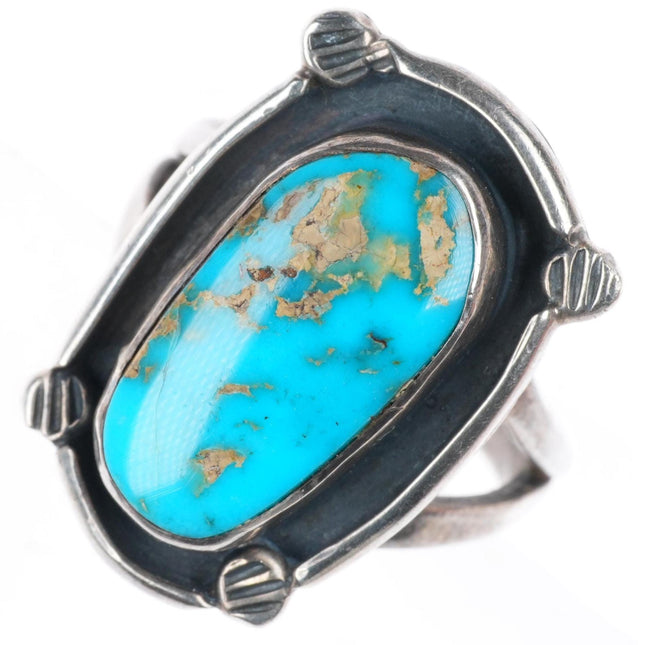 sz7 vintage Navajo high grade turquoise sterling silver stamped corners ring
