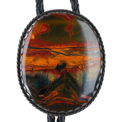 Large vintage Southwestern sterling silver Pietersite stone bolo tie