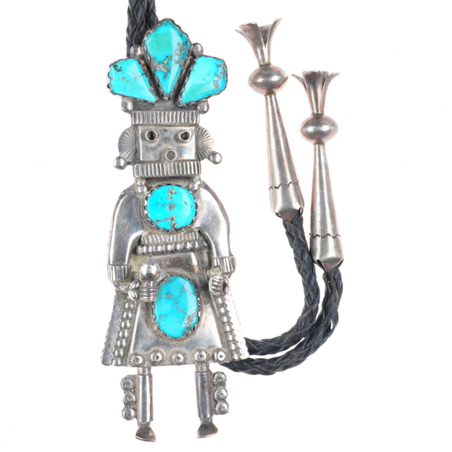 c1960 c-31 vintage Navajo sterling silver turquoise Kachina bolo tie fancy tips
