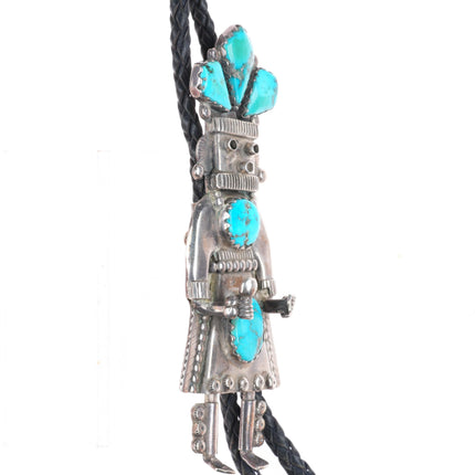 c1960 c-31 vintage Navajo sterling silver turquoise Kachina bolo tie fancy tips
