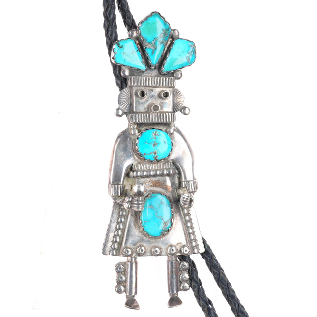 c1960 c-31 vintage Navajo sterling silver turquoise Kachina bolo tie fancy tips