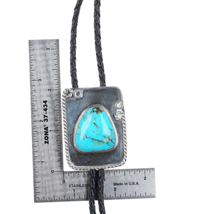 c1970 vintage Navajo sterling silver rope edge bolo tie with turquoise