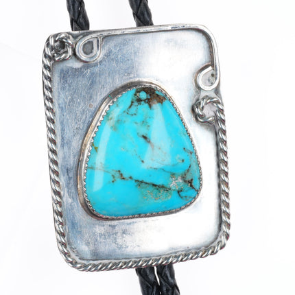 c1970 vintage Navajo sterling silver rope edge bolo tie with turquoise