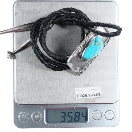 c1970 vintage Navajo sterling silver rope edge bolo tie with turquoise