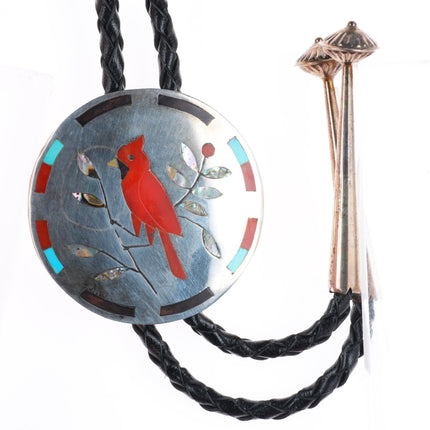 Derrick & Nichelle Edaakie Zuni sterling silver Redbird Cardinal inlay bolo tie