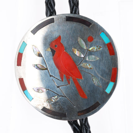 Derrick & Nichelle Edaakie Zuni sterling silver Redbird Cardinal inlay bolo tie