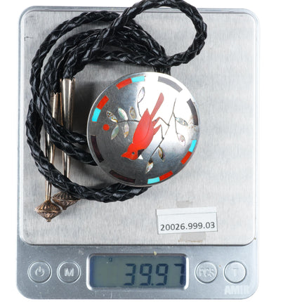 Derrick & Nichelle Edaakie Zuni sterling silver Redbird Cardinal inlay bolo tie
