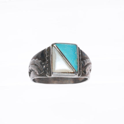sz11.5 vintage Navajo sterling silver turquoise and shell inlay men's ring