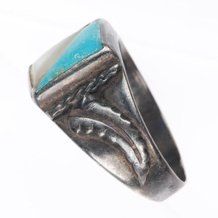 sz11.5 vintage Navajo sterling silver turquoise and shell inlay men's ring