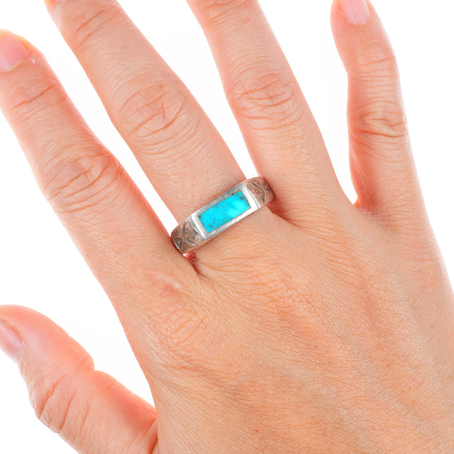 sz12.5 vintage Navajo sterling silver slim turquoise inlay size 12.5 men's ring