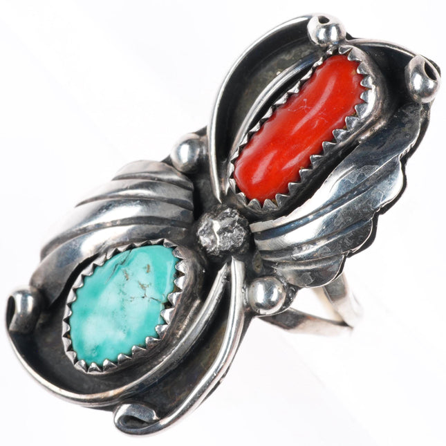 sz6 vintage Yazzie Navajo sterling silver turquoise and coral long feather ring