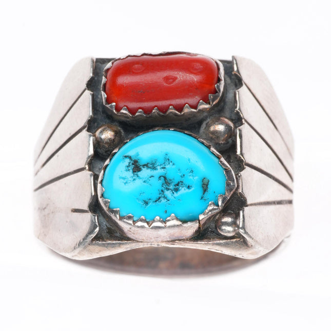 sz 9.75 vintage Navajo sterling silver turquoise and coral feather sides ring