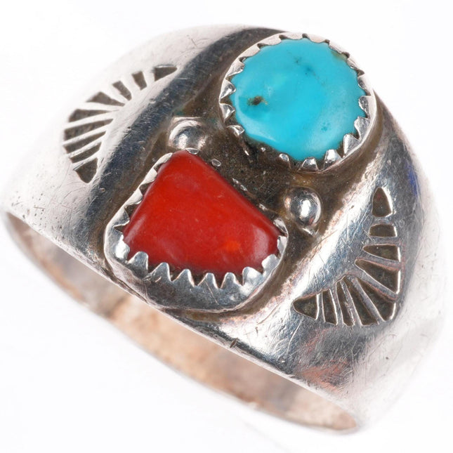 sz10 vintage Navajo sterling silver turquoise and coral stamped sides men's ring