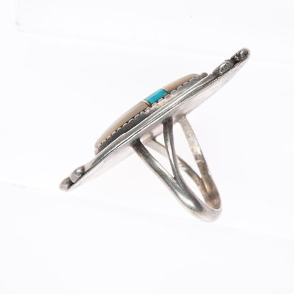 sz6 vintage Zuni sterling silver shell and turquoise inlay  rope bezel ring