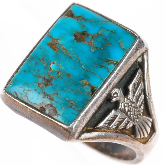 sz12 vintage Navajo sterling silver eagle ring with square turquoise