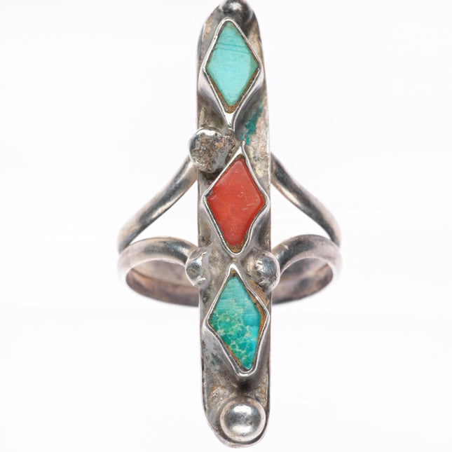 sz8 vintage Zuni sterling silver turquoise and coral 3 stone long ring