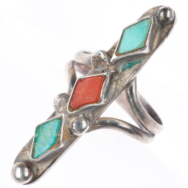 sz8 vintage Zuni sterling silver turquoise and coral 3 stone long ring