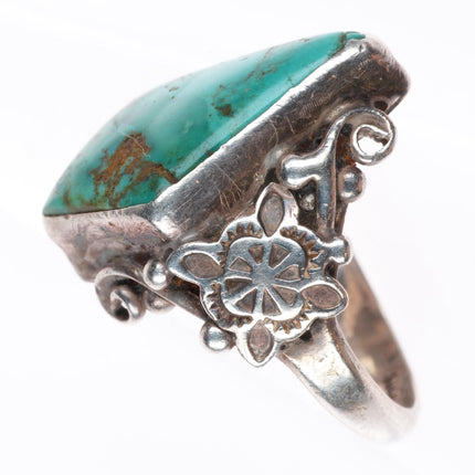 sz7.25 vintage Navajo sterling silver fancy stamped ring with nice turquoise