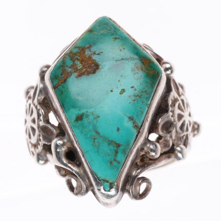 sz7.25 vintage Navajo sterling silver fancy stamped ring with nice turquoise