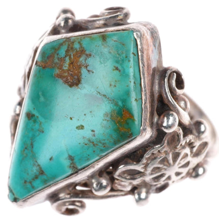 sz7.25 vintage Navajo sterling silver fancy stamped ring with nice turquoise