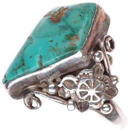sz7.25 vintage Navajo sterling silver fancy stamped ring with nice turquoise