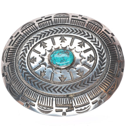 Vintage NNB Navajo deep stamped sterling silver turquoise buckle for 1.25" belt