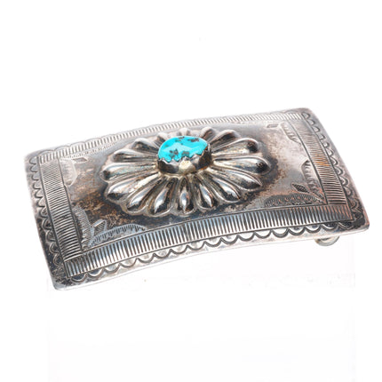 Vintage Navajo deep stamped sterling silver turquoise buckle for 1.5" belt