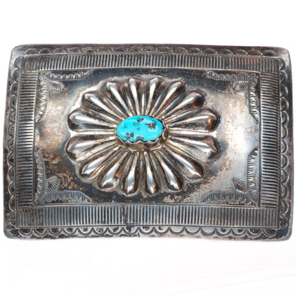 Vintage Navajo deep stamped sterling silver turquoise buckle for 1.5" belt